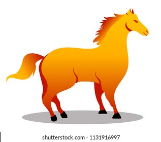 standing Horse of fire, sunny, yellow in full growth. beautiful fairy horse. Pony. Modern flat cartoon style vector illustration icons. Isolated on white background. Horse. Animal for print, book