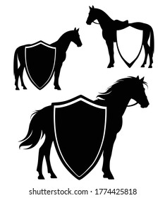 silueta de visión del lado del caballo en pie y escudo heráldico en blanco y negro conjunto de diseño vectorial