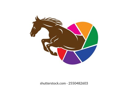 Standing horse with speedometer indicator behind horse icon with camera symbol logo design