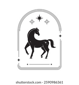 Standing horse with turned head in vintage thin frame with magic stars and elements. Year of the Horse. Black and white vector 