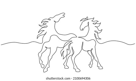 Standing horses on pasture. Continuous one line drawing. Horse logo. Black and white vector illustration. Concept for logo, card, banner, poster, flyer