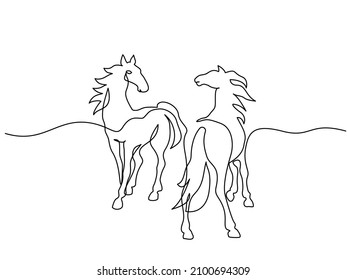 Caballos parados en pastos. Dibujo continuo de una línea. Logo del caballo. Ilustración vectorial en blanco y negro. Concepto de logotipo, tarjeta, pancarta, afiche, volante