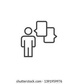 Standing human figure chatting. Linear design symbol with thin line and monochrome outline minimal style. Editable stroke.
