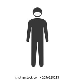 Standing human wearing Surgical Face Mask. Stylish Male Pictogram on white background. Infection control concept. Standard proportions.
