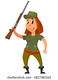 Ständiger Blick für den Jäger. Weibliche Figur im Cartoon-Stil.