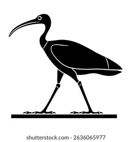 Standing ibis bird. Ethnic ancient Egyptian animal design. Black and white silhouette.