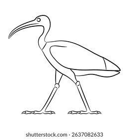 Standing ibis bird. Ethnic ancient Egyptian animal design. Black and white linear silhouette.