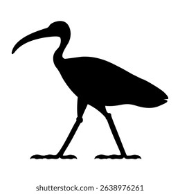 Standing ibis bird. Ethnic ancient Egyptian animal design. Black silhouette on white background.