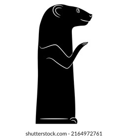 Standing ichneumon. Ancient Egyptian sculpture of sacred animal. Egyptian mongoose. (Herpestes ichneumon). Black and white silhouette.