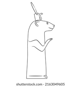 Standing ichneumon wearing royal crown with uraeus. Ancient Egyptian sculpture of sacred animal. Egyptian mongoose. (Herpestes ichneumon). Black and white linear silhouette.