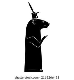 Standing ichneumon wearing royal crown with uraeus. Ancient Egyptian sculpture of sacred animal. Egyptian mongoose. (Herpestes ichneumon). Black and white negative silhouette.