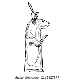 Standing ichneumon wearing royal crown with uraeus. Ancient Egyptian sculpture of sacred animal. Egyptian mongoose. (Herpestes ichneumon). Hand drawn rough sketch. Black silhouette on white background