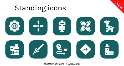 standing icon set. 10 filled standing icons.  Simple modern icons such as: Options, Directions, Direction, United, Giraffe, Wine bottle, Katana, Split point