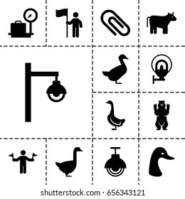 Standing icon. set of 13 filled standingicons such as cow, bear, goose, man with flags, lugagge weight, street lamp, man with flag