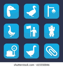 Standing icon. set of 9 filled standing icons such as bear, goose, lugagge weight, street lamp, man with flag