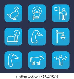 standing icon. Set of 9 outline standing icons such as man with flags, lugagge weight, goose, cow, street lamp