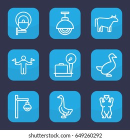 Standing icon. set of 9 outline standing icons such as man with flags, lugagge weight, bear, goose, cow