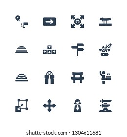 standing icon set. Collection of 16 filled standing icons included Katana, Businesswoman, Direction, Stretching, Grip, Bosu ball, Cows, Directions