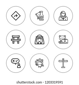 Standing icon set. collection of 9 outline standing icons with arab man, businesswoman, direction, kitty, katana icons. editable icons.