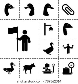 Standing icons. set of 13 editable filled standing icons such as man with flags, lugagge weight, goose, clip, street lamp, man with flag