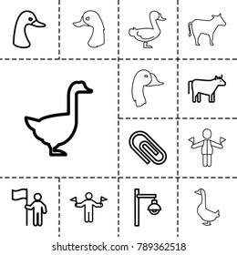 Standing icons. set of 13 editable outline standing icons such as cow, man with flags, goose, clip, street lamp