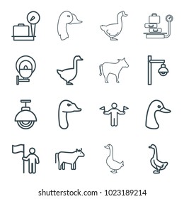Stehende Symbole. Satz von 16 bearbeitbaren Umrisssymbole wie Kuh, Mann mit Flaggen, Gepäckgewicht, Gänse, Straßenlampe