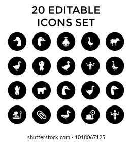 Standing icons. set of 20 editable filled standing icons such as cow, man with flags, lugagge weight, bear, goose, clip. best quality standing elements in trendy style.