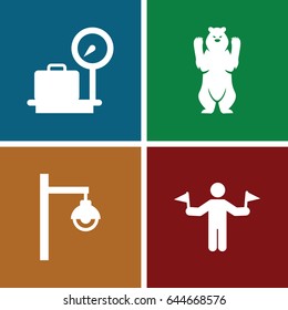 Standing icons set. set of 4 standing filled icons such as bear, man with flags, lugagge weight