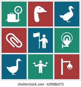 Standing icons set. set of 9 standing filled icons such as goose, man with flags, lugagge weight, street lamp, man with flag