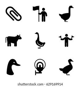 Standing icons set. set of 9 standing filled icons such as cow, goose, man with flags, street lamp, man with flag