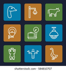 standing icons set. Set of 9 standing outline icons such as man with flags, lugagge weight, bear, goose, cow