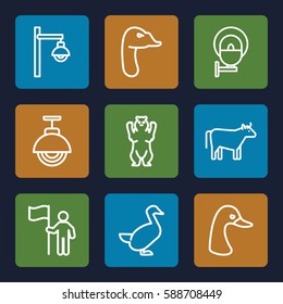 standing icons set. Set of 9 standing outline icons such as bear, goose, cow, street lamp