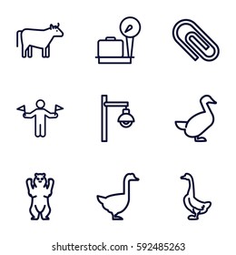 standing icons set. Set of 9 standing outline icons such as man with flags, lugagge weight, bear, goose, cow, street lamp