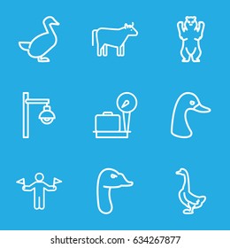 Standing icons set. set of 9 standing outline icons such as man with flags, lugagge weight, bear, goose, cow
