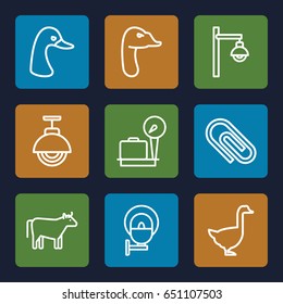 Standing icons set. set of 9 standing outline icons such as lugagge weight, goose, cow, street lamp