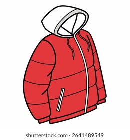Standing isolated on a transparent background is a puffy red jacket with a white hood and zipper outlined in thick black lines and details for depth and dimension.