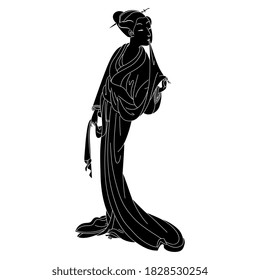 Standing Japanese girl in kimono. Traditional vintage style. Black and white silhouette.