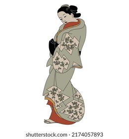 Standing Japanese lady in kimono with floral print. Traditional style. Art of Okumara Masanobu. Isolated vector illustration.