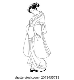 Standing Japanese lady wearing kimono. Traditional style. Black and white linear silhouette.