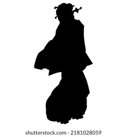 Standing Japanese woman in kimono. Black silhouette on white background.