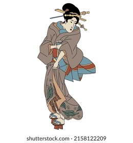 Standing Japanese woman in kimono. Isolated vector illustration.