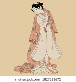 Standing Japanese young man or woman in kimono. Traditional retro style.