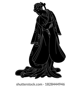 Standing Japanese young man or woman in kimono. Traditional retro style. Black and white silhouette.