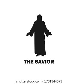 Standing Jesus Christ with arms open silhouette. The Lord and Savior concept. Christianity religion. Christian design. Church worship. Christmas and Easter holiday icon - Black vector illustration.