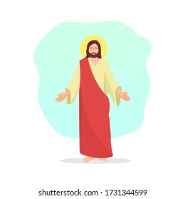 Standing Jesus Christ with arms open. The Lord and Savior concept. Christianity religion. Christian design. Church worship. Christmas and Easter holiday icon - Flat vector character illustration.