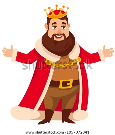 Standing joyful king. Royal character in cartoon style.