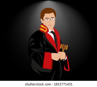 A standing judge, wearing his robe and holding a gavel in front of a black background. / Cübbesini giymiş ve siyah bir arka planın önünde, tokmak tutarak ayakta duran bir yargıç (hakim).