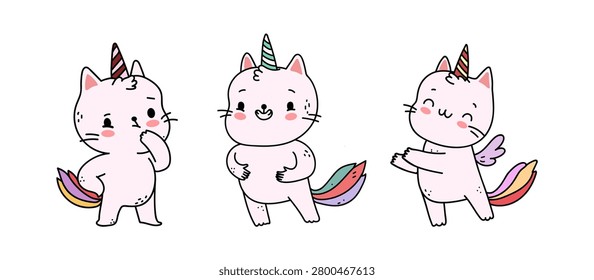 Standing kawaii cat unicorn characters. Vector isolated personages posing happily with sparkles around. Cute sticker bundles or icons. Kids products, social media and magical fantasy projects
