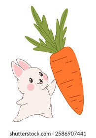 Standing kawaii rabbit with a big carrot. Cute cartoon bunny vector illustration. Hand drawn flat design for print, sticker, web