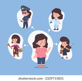 Standing kid girl imagines herself in various professions flat style, vector illustration isolated on blue background. Choose, happy child, decorative design element. Children professions